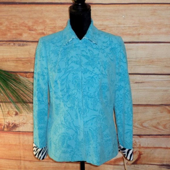Rafael Turquoise Floral Zebra Zip Jacket, Size 8 - Picture 4 of 12
